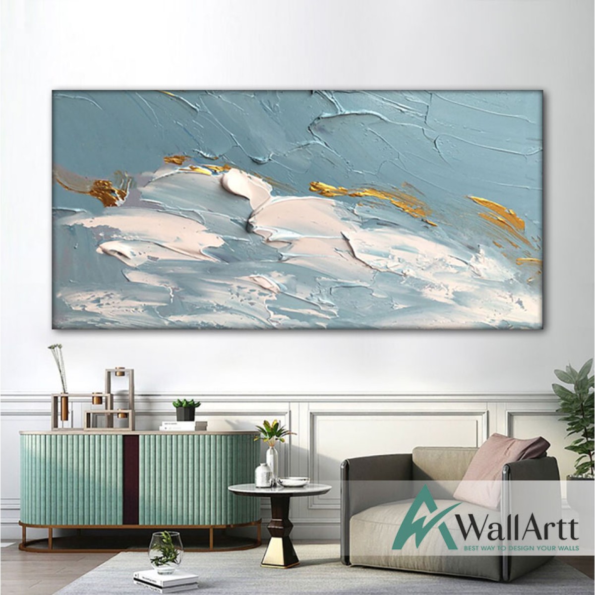 Abstract Baby Blue Gold 3d Heavy Textured Partial oil Painting